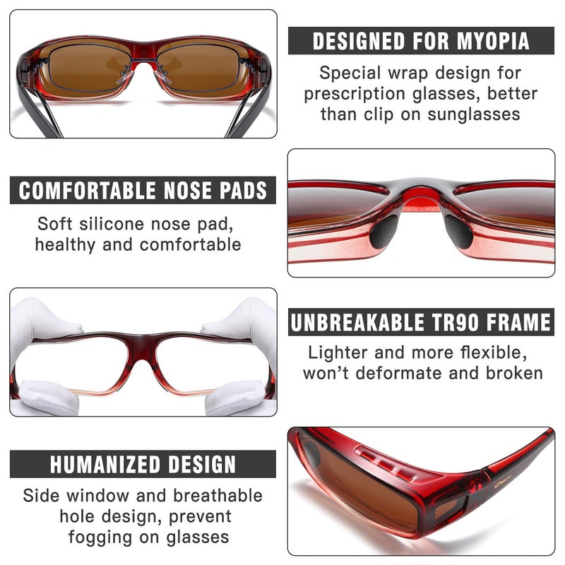 DUCO Polarized Wraparound Fitover Glasses Wear Over Sunglasses for Men Women UV Protection Sun Glasses 8954 (Wine Red Frame Brown Lens) - Image 5